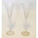 Two Royal Brierly champagne glasses with faceted type design, 27cm high