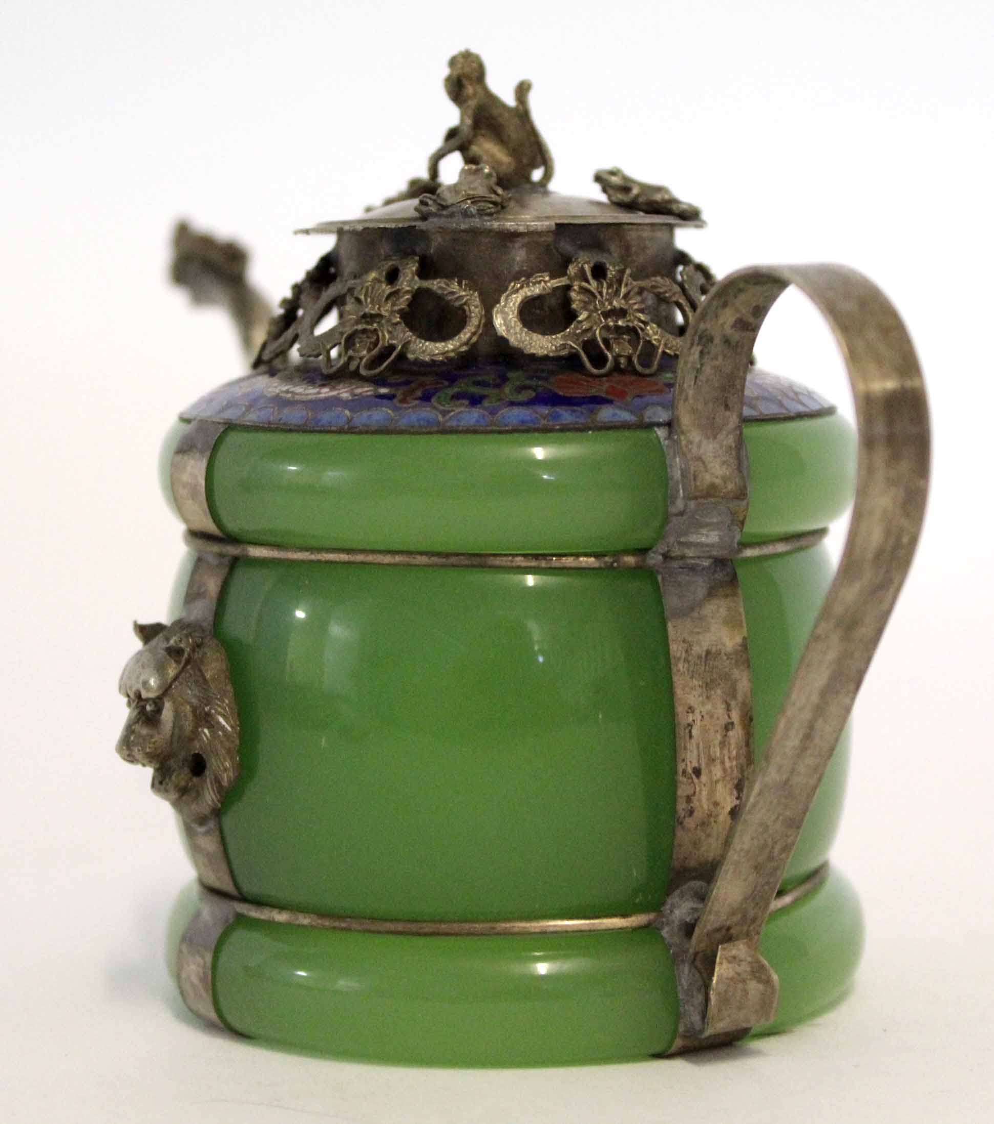 Oriental quartz type pot and cover with metal mounts and the modelled as a dragon, the cover moulded - Image 4 of 6