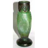 Loetz style Art Nouveau dimpled vase with purple hue on green ground with metal decoration to the