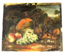 18th century English School oil on canvas, Stlll Life study of mixed fruit in a landscape, 42 x