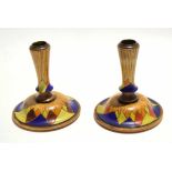 Pair of circa 1930s turned sycamore wood squat candlesticks with diamond painted decoration, 12cm