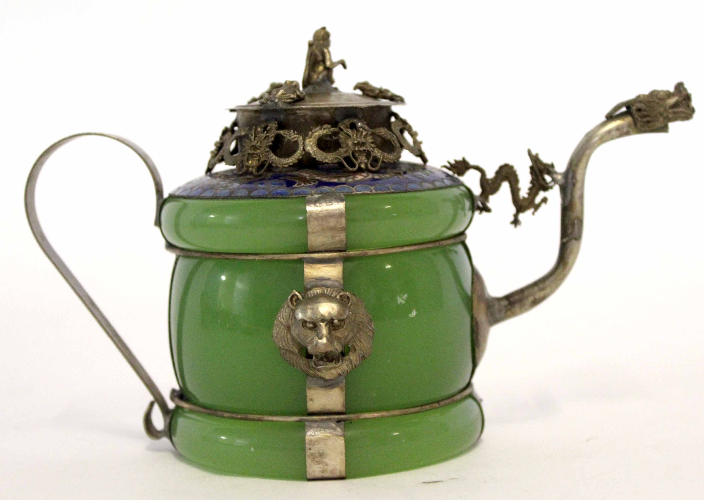 Oriental quartz type pot and cover with metal mounts and the modelled as a dragon, the cover moulded - Image 3 of 6