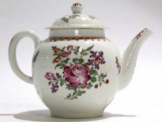 18th century Lowestoft tea pot and cover with polychrome decoration of flowers in Worcester style,