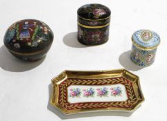 Small Limoges rectangular dish together with cloisonne pots and covers and a Halcyon Days enamel