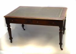 Victorian mahogany framed desk fitted with two drawers with turned knob handles with green tooled