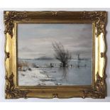Arthur A Pank, signed oil on board, Winter landscape, 24 x 29cm
