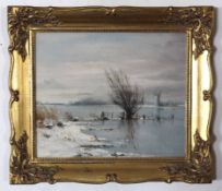 Arthur A Pank, signed oil on board, Winter landscape, 24 x 29cm