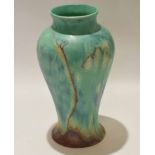 Clarice Cliff Inspiration vase decorated in tones of green and streaked blue, Bizarre back stamp