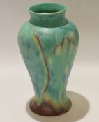 Clarice Cliff Inspiration vase decorated in tones of green and streaked blue, Bizarre back stamp