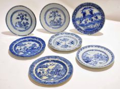 Group of five late 18th century Chinese porcelain plates with blue and white design, together with