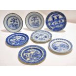 Group of five late 18th century Chinese porcelain plates with blue and white design, together with