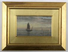 Unsigned oil on board, Boat at sea (bears label verso by L Wray), 11 x 18cm