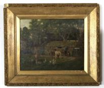 John Crane, signed oil on canvas, "Farmyard, Cockersand Abbey", 30 x 37cm