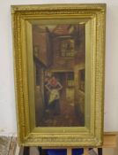 E Gordon Stuart, signed oil on canvas, Two ladies before a cottage doorway, 59 x 28cm