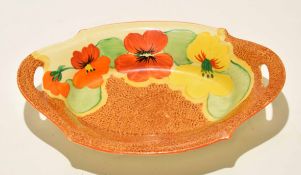 Clarice Cliff shallow dish, shape 534, decorated with the Nasturtium pattern, with two reticulated