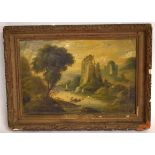 19th century English School oil on tin, Figures in a rowing boat by a ruined castle, 20 x 30cm