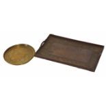 Brass circular Benares table top and two handled rectangular tray in Arts & Crafts style, the border