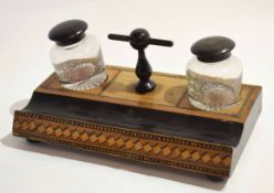 Tonbridge inlaid ink stand fitted with two circular inkwells with ebonised lids and a T-bar ebonised