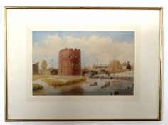 William Frederick Austin, signed pen, ink and watercolour, Cow Tower, Norwich, 26 x 41cm