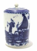 18th century Caughley or Worcester porcelain tea canister and cover decorated with the fishermen