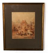 Paul Marny, signed watercolour, Continental town with figures, 26 x 23cm