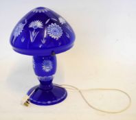 Blue glass lamp and shade with floral design