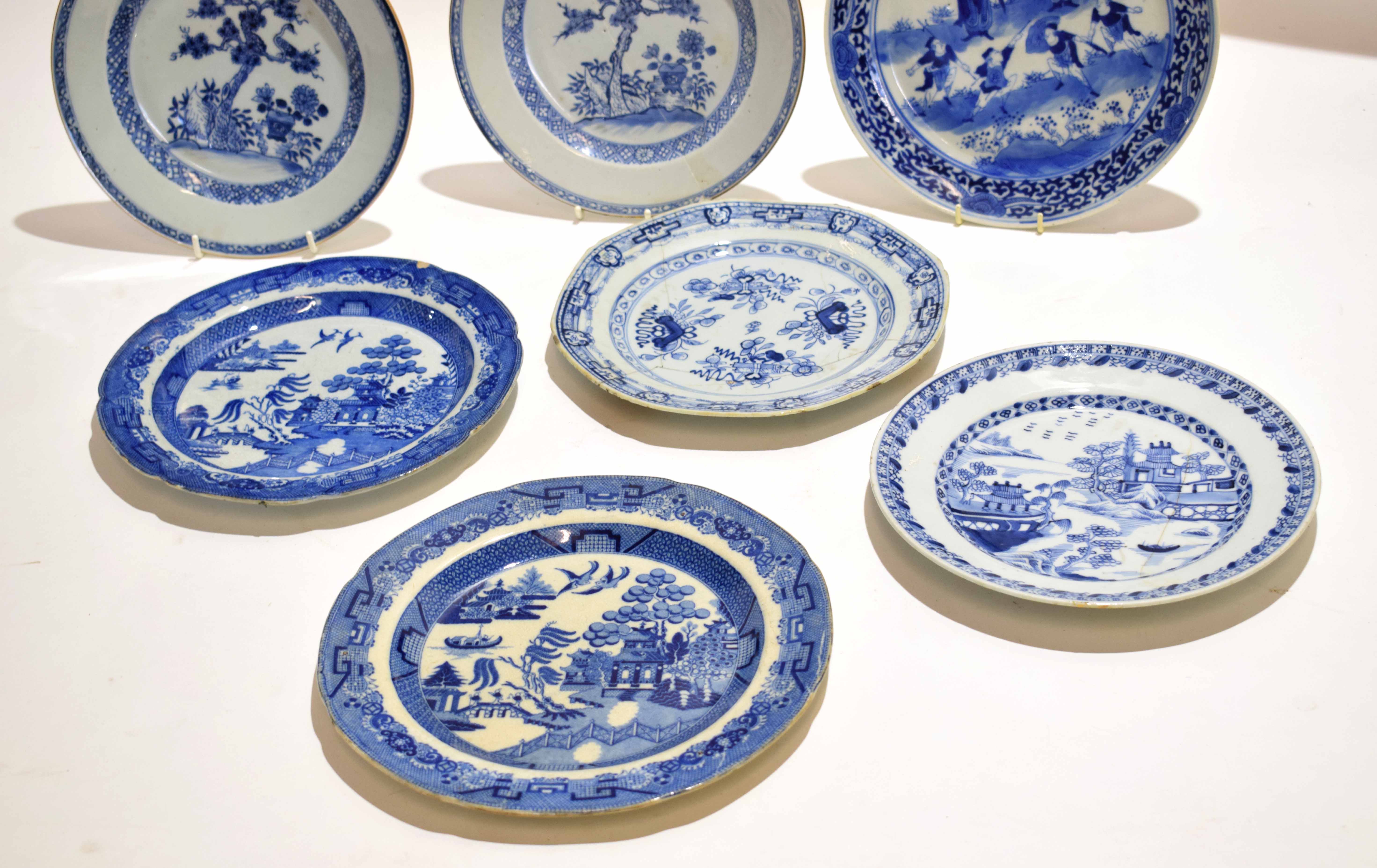 Group of five late 18th century Chinese porcelain plates with blue and white design, together with - Image 3 of 8