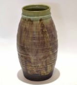 Large Studio Pottery baluster vase, the green ground with a streaked brown decoration and