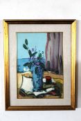 Indistinctly signed modern oil, Still Life study of a vase of flowers by a window with coast to