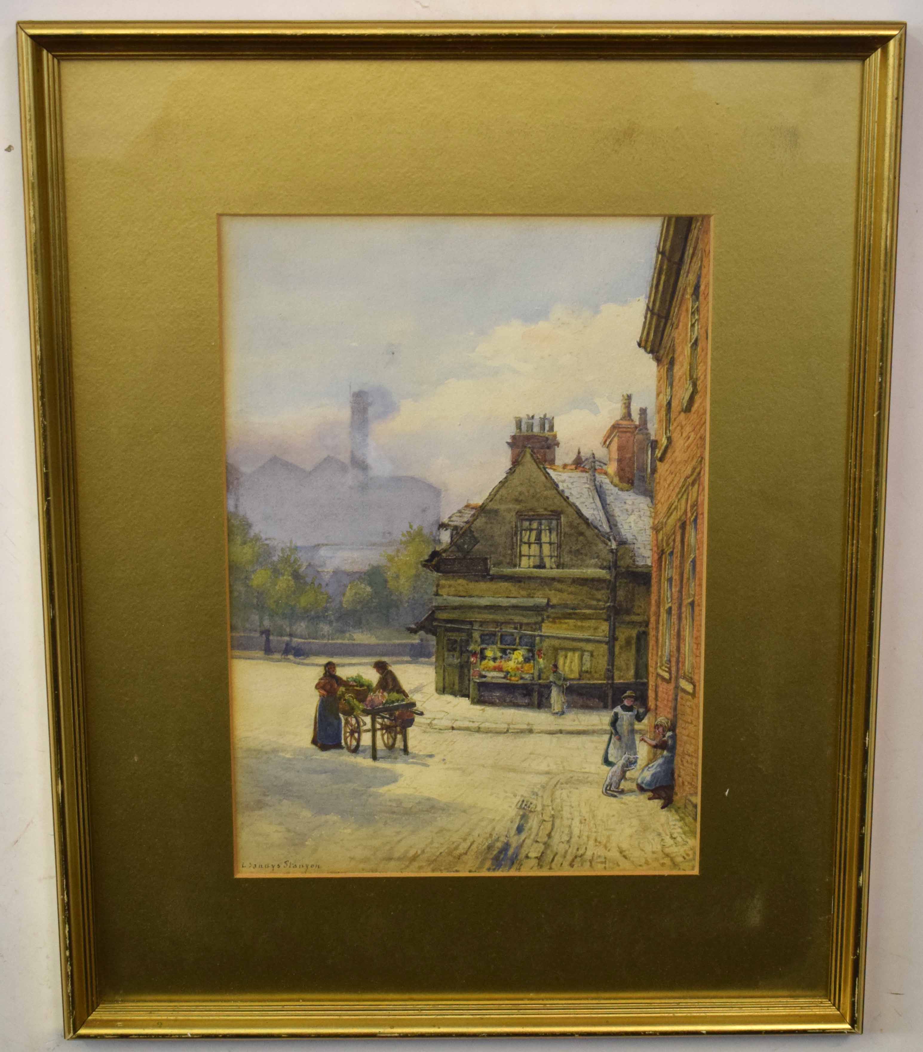 L Sandys Stanyon, signed watercolour, Street scene with figures and flower seller, 33 x 23cm