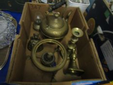 BOX OF MIXED BRASS WARES, BRASS KETTLE AND STAND, CANDLE STICKS ETC