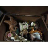 OAK BOX CONTAINING MIXED ORNAMENTS, CARVED ELEPHANT ETC
