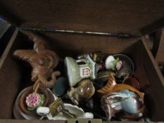 OAK BOX CONTAINING MIXED ORNAMENTS, CARVED ELEPHANT ETC