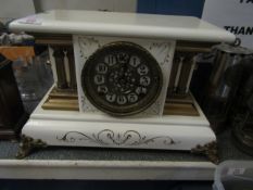 WOODEN FRAMED WHITE PAINTED FRENCH MANTEL CLOCK WITH GILDED DETAIL