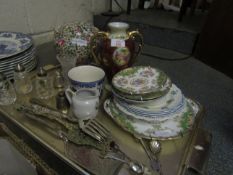 TRAY CONTAINING MIXED PLATES, SALT CELLARS, BLUE AND WHITE PRINTED PLATES ETC (QTY)