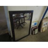 STAINED PINE FRAMED RECTANGULAR WALL MIRROR WITH GEOMETRIC DESIGN