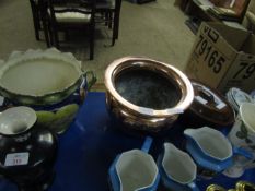 MIXED LOT OF THREE JUGS, A COPPER FORMED PLANTER ETC