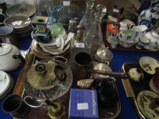 TRAY CONTAINING DECANTERS, BLUE GLASS LEMONADE SET ETC