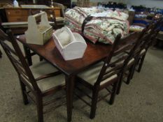 CHERRY WOOD PLANK TOP TABLE ON TAPERING SQUARE LEGS TOGETHER WITH A SET OF EIGHT LADDER BACK