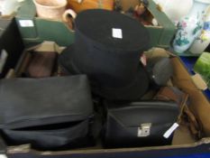 BOX CONTAINING AN AA BADGE, A VINTAGE TOP HAT, CAMERAS ETC