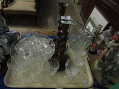 TRAY CONTAINING MIXED GLASS WARES, WINE GLASSES, BARLEY TWIST OAK CANDLESTICKS ETC