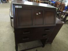 OAK FRAMED BUREAU WITH DROP FRONT AND TWO FULL WIDTH DRAWERS ON TURNED STAND