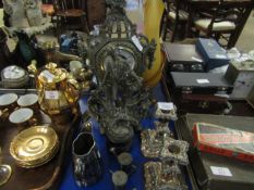 PAIR OF SILVER PLATED SQUAT CANDLESTICKS, FURTHER NOVELTY SALT AND PEPPER FORMED AS WATERING CANS,