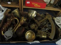 BOX CONTAINING MIXED COPPER, BRASS WARE, BUGLE, MODERN SEXTANT ETC