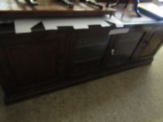 LARGE HEAVY OAK SIDEBOARD WITH TWO GLAZED DOORS