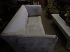 EDWARDIAN MAHOGANY FRAMED THREE SEATER SOFA WITH CREAM LINING AND TAPERING SQUARE LEGS RAISED ON