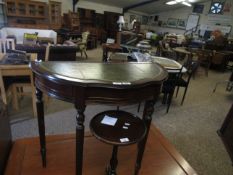 REPRODUCTION MAHOGANY DEMI-LUNE SIDE TABLE WITH GREEN LEATHER INSERT WITH REEDED LEGS