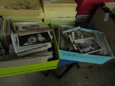 TWO BOXES OF VINTAGE POSTCARDS, CIGARETTE CARDS ETC