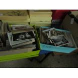 TWO BOXES OF VINTAGE POSTCARDS, CIGARETTE CARDS ETC