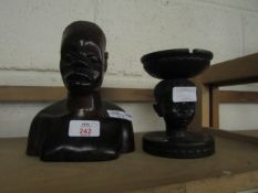 AFRICAN CARVED BUST TOGETHER WITH A FURTHER ASHTRAY WITH CARVED HEAD (2)